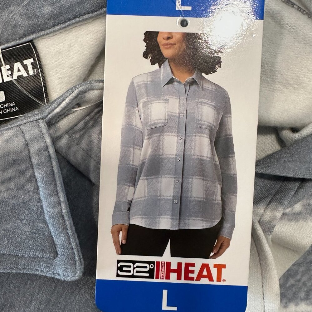 NEW 32 Degrees Heat Button Up Shirt Soft Stretch Plaid Gray White Women Sz Large - Picture 4 of 9
